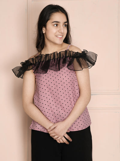 Purple Off Shoulder Net Frill Top