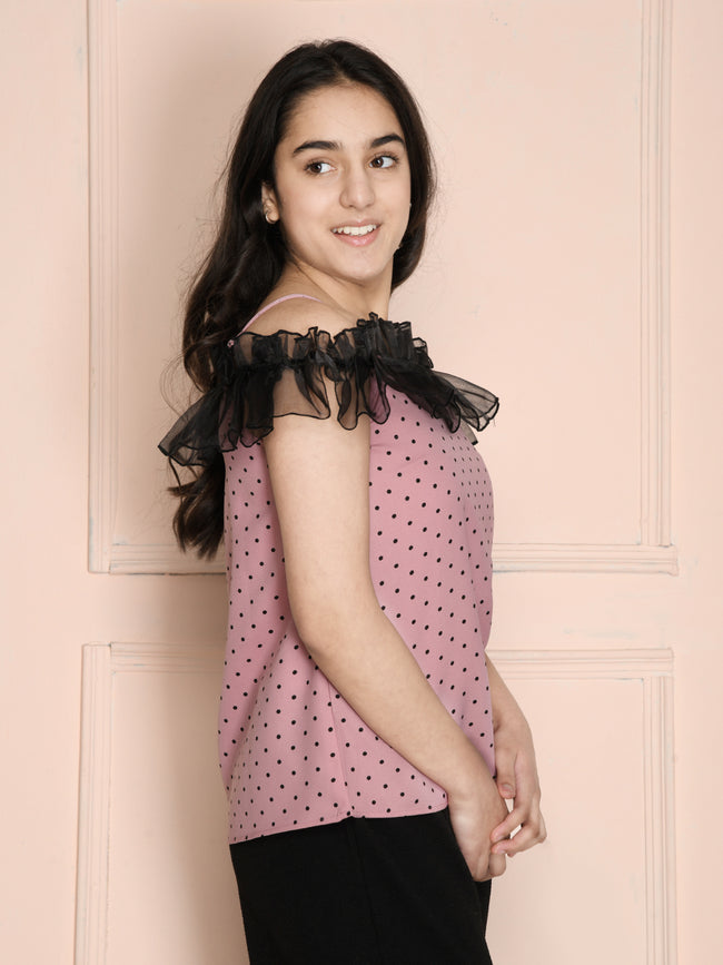 Purple Off Shoulder Net Frill Top