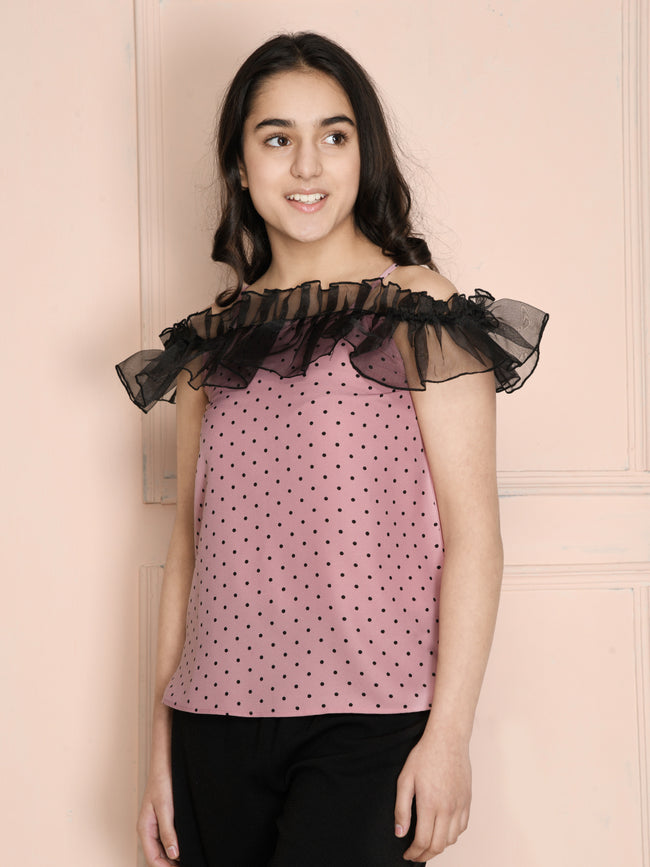 Purple Off Shoulder Net Frill Top