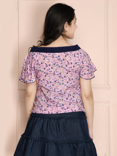 Purple Floral Boat Neck Top