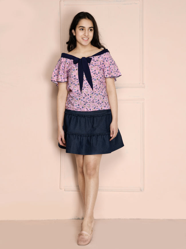 Purple Floral Boat Neck Top