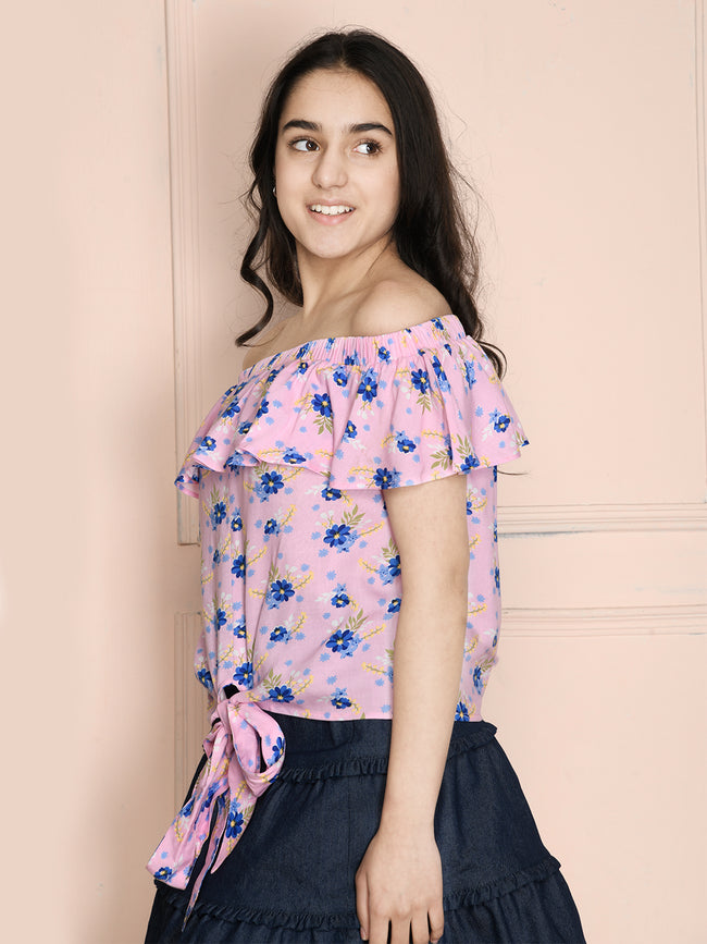 Pink Floral Off Shoulder Knot Top