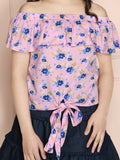 Pink Floral Off Shoulder Knot Top