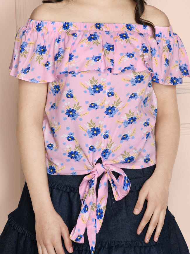 Pink Floral Off Shoulder Knot Top