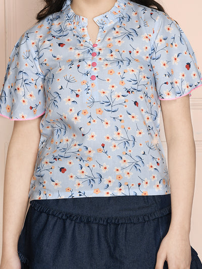 Sky Blue Floral Print Buttoned Top