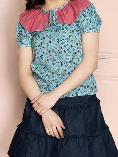 Green Peter Pan Collar Floral Top
