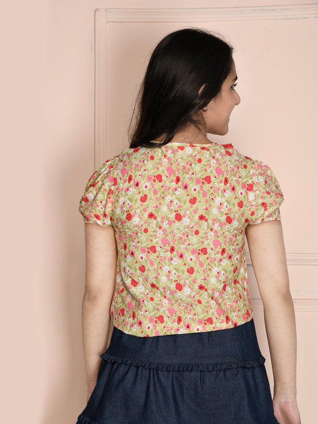 Multi Floral Ruffled Button Down Top