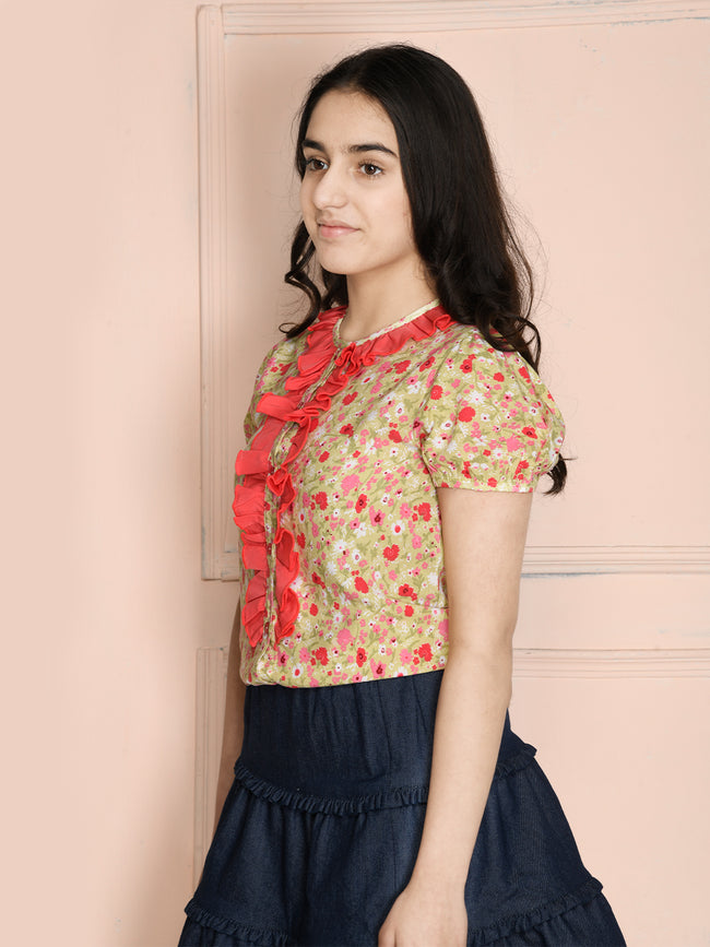 Multi Floral Ruffled Button Down Top