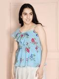 Light Blue Floral Frill Peplum Top