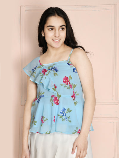 Light Blue Floral Frill Peplum Top