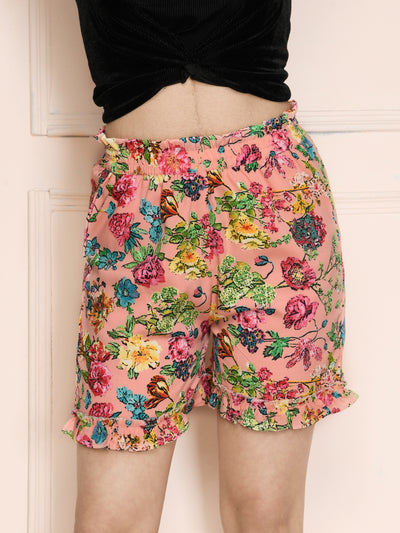 Peach Floral Print Shorts