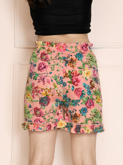 Peach Floral Print Shorts