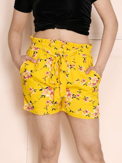 Yellow Floral Print Knot Shorts