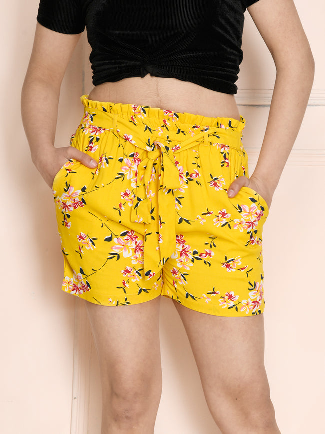 Yellow Floral Print Knot Shorts