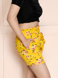Yellow Floral Print Knot Shorts