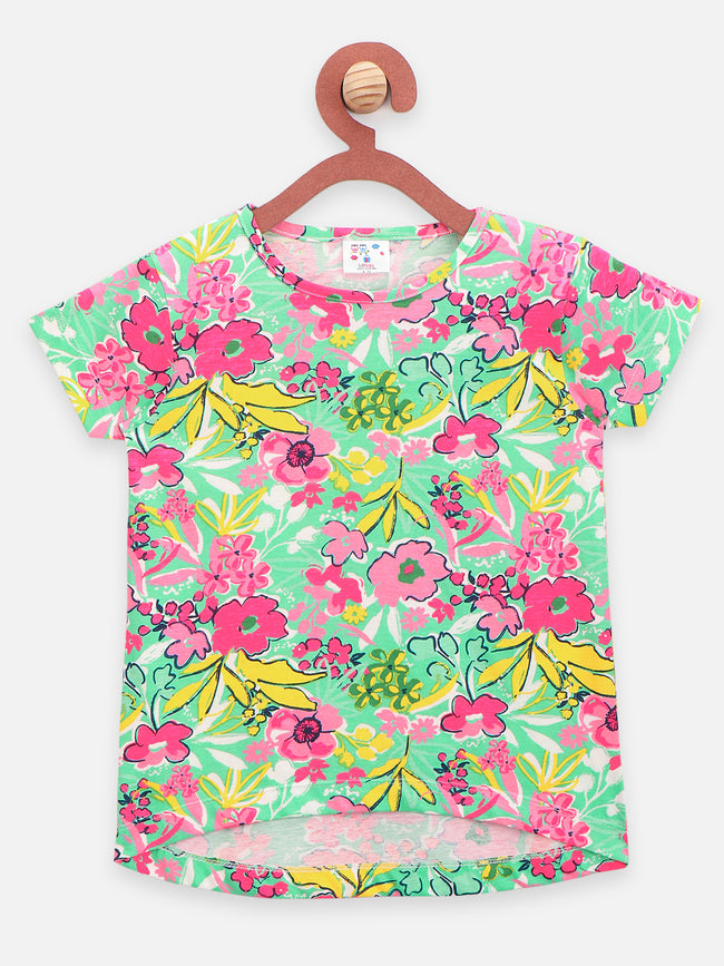 Green Floral Print Top with Pink Shorts Set