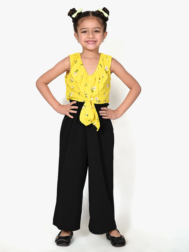 Floral Yellow Knot Crop Top with Zade Black Pant Set