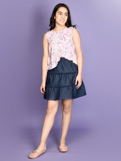 Floral Baby Pink Top with Blue Skirt Set