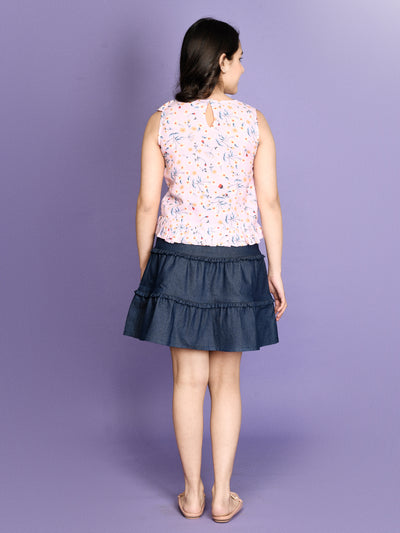 Floral Baby Pink Top with Blue Skirt Set
