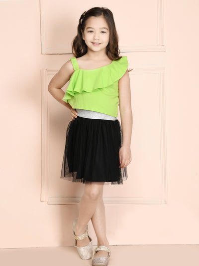 Parrot Green One Shoulder Frill Top with Bow Style Skirt Set