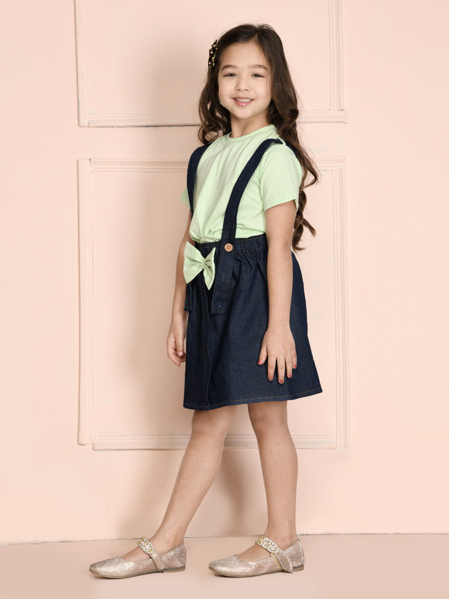 Lime Green Crop Knot Top with Dungaree Skirt Set