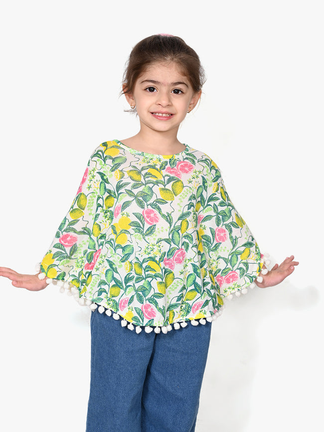 Multi Floral Print Pompom Lace Poncho Top