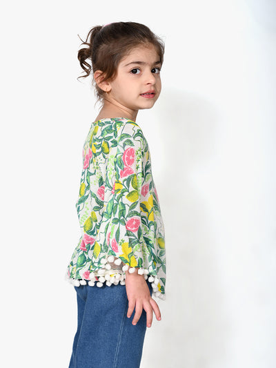 Multi Floral Print Pompom Lace Poncho Top