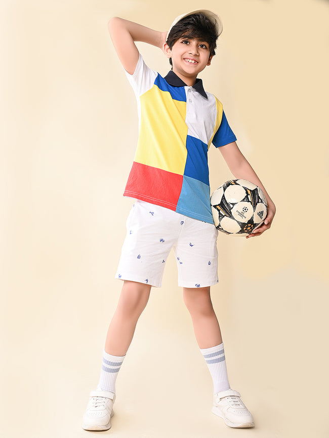 Colorblock Collar T-shirt with Printed Short Set