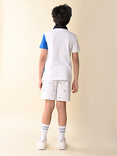Colorblock Collar T-shirt with Printed Short Set