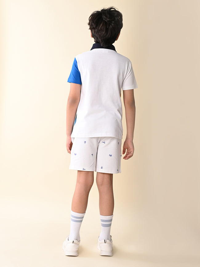 Colorblock Collar T-shirt with Printed Short Set