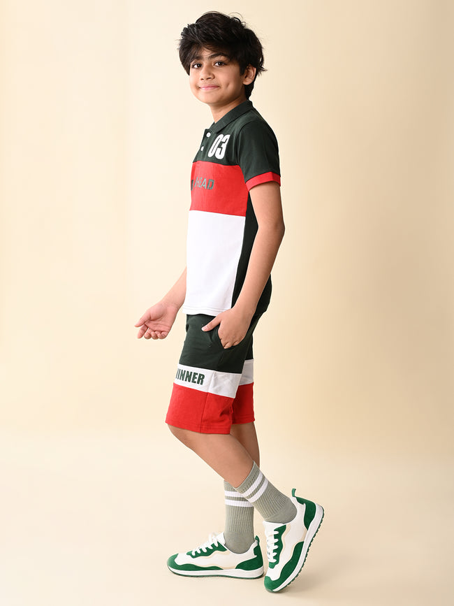 Colorblock Collar T-shirt with Shorts Set