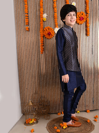 Solid Kurta Pyjama Set with Printed Nehru Jacket
