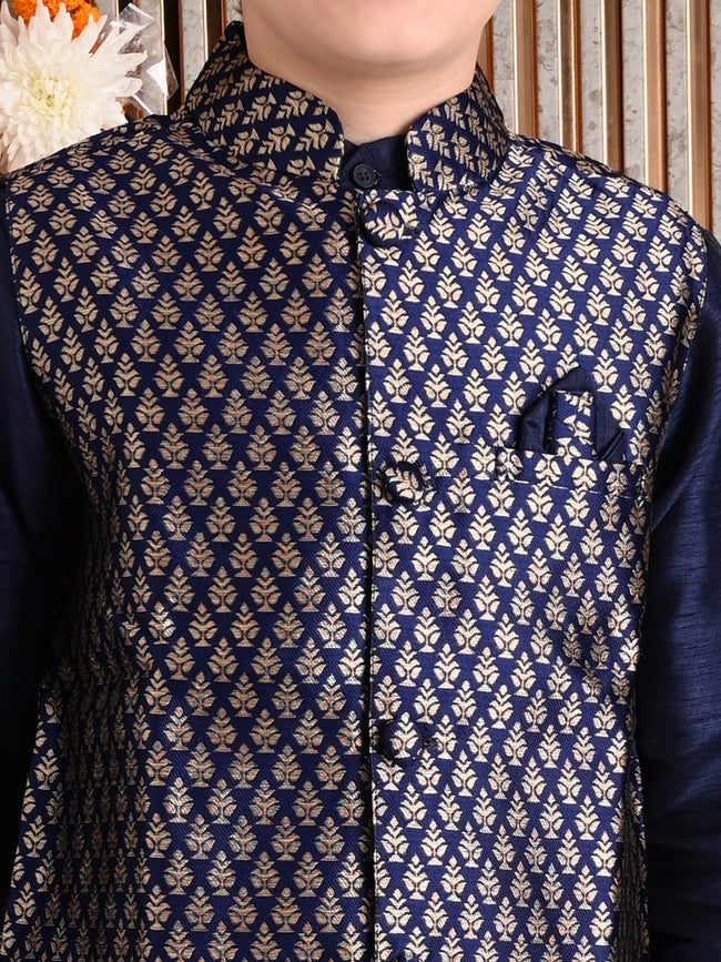 Solid Kurta Pyjama Set with Printed Nehru Jacket