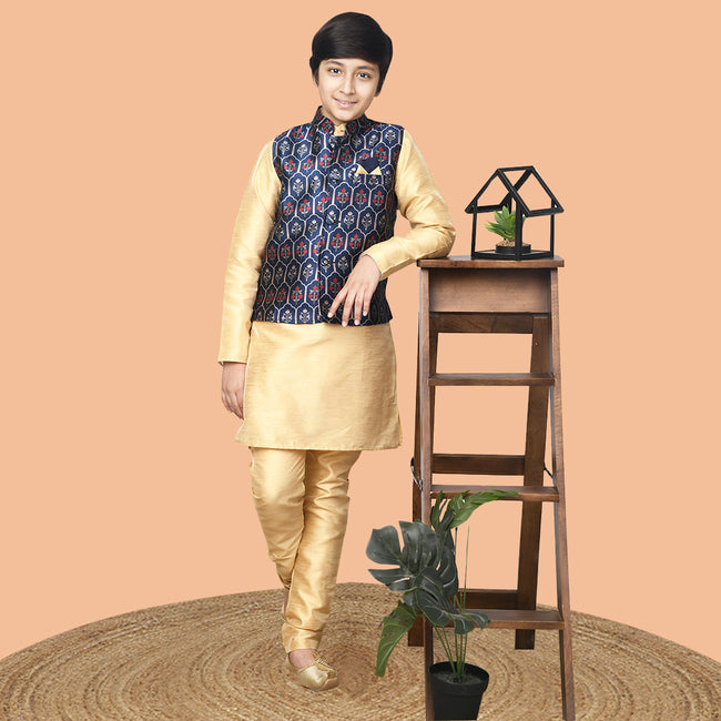 Solid Kurta Pyajama Set with Printed Nehru Jacket
