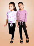 Tie Dye Printed & Solid Crop Knot Tops with Leggings Set