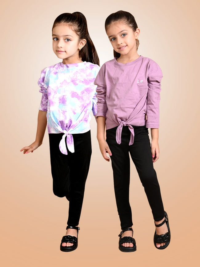 Tie Dye Printed & Solid Crop Knot Tops with Leggings Set