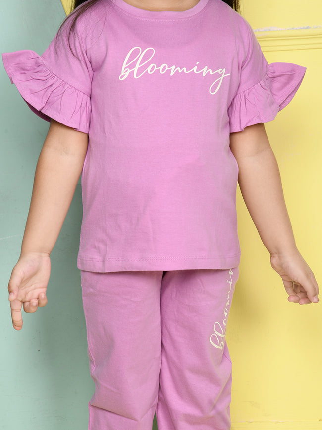 Blooming Print Frill Sleeve Top with Jogger Pant Set