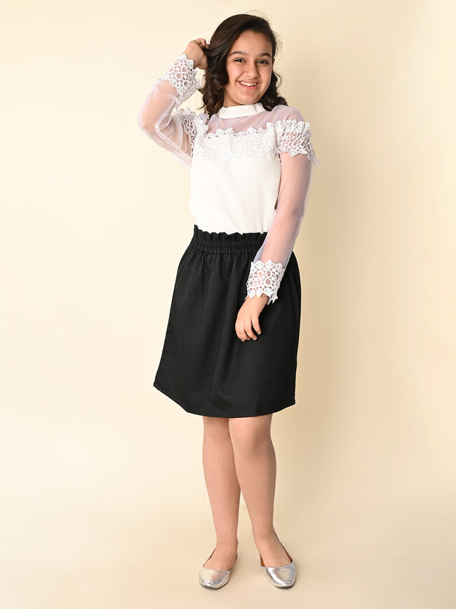 Stylish Lace Netted Top with Plain Skirt Set