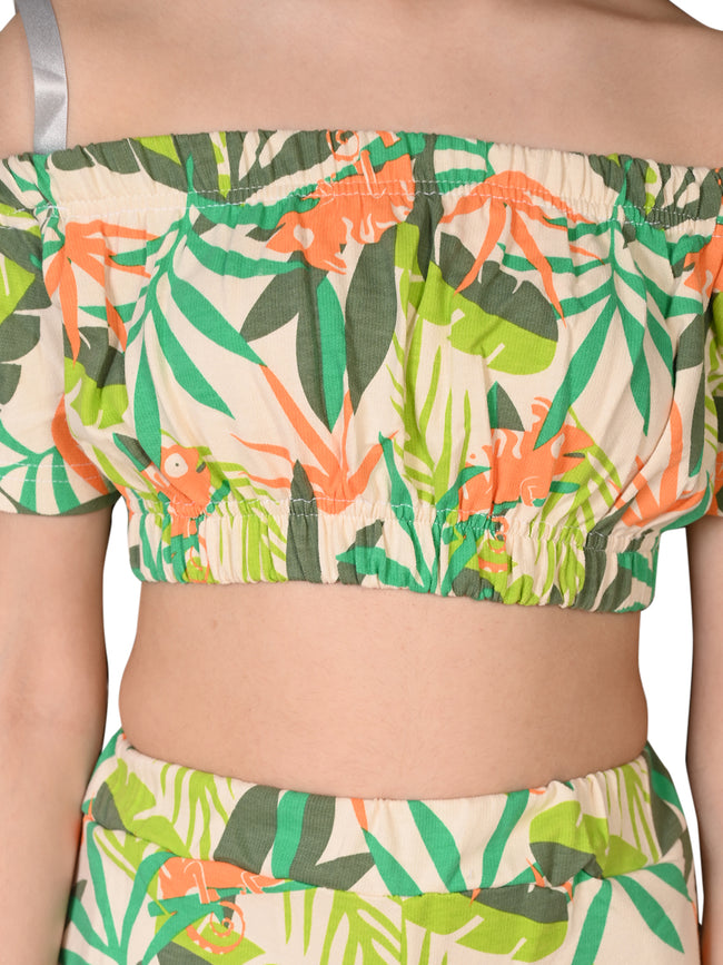 Floral Printed Cold Shoulder Crop Top with Pant Set