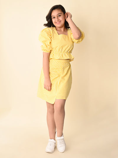 Checkered Balloon Sleeves Top with Wrap Skirt Set