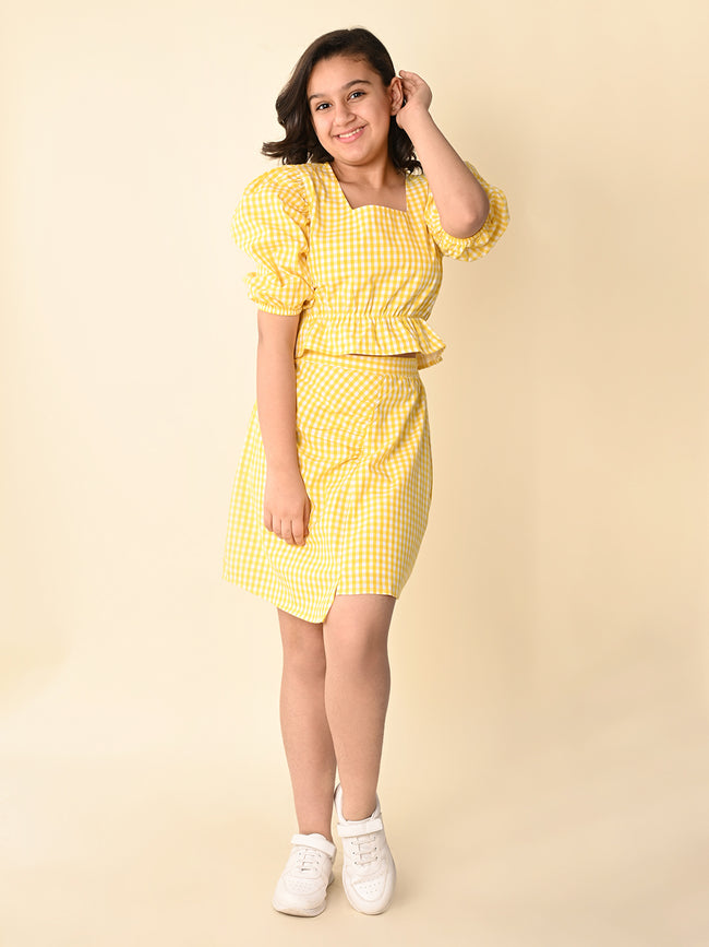 Checkered Balloon Sleeves Top with Wrap Skirt Set