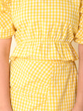 Checkered Balloon Sleeves Top with Wrap Skirt Set
