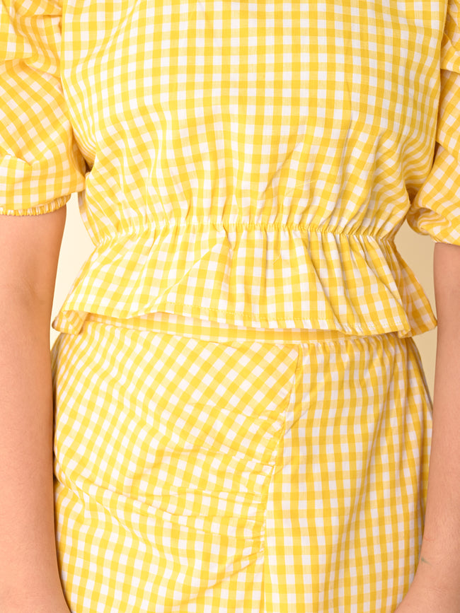 Checkered Balloon Sleeves Top with Wrap Skirt Set