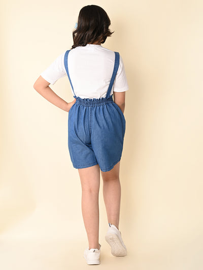 Text Printed Top with Suspender Shorts Set
