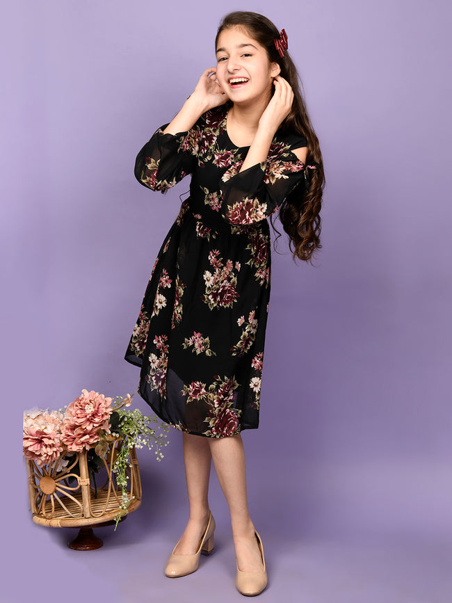 All Over Floral Printed Cold Shoulder Dress