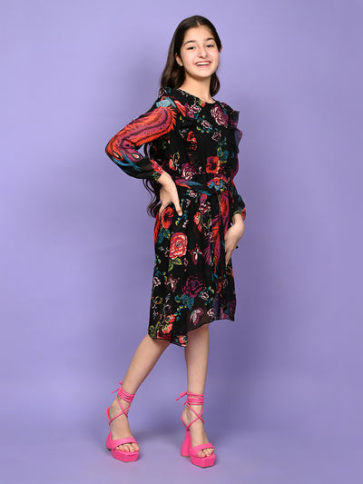 Floral Printed Long Sleeve Fit n Flare Dress