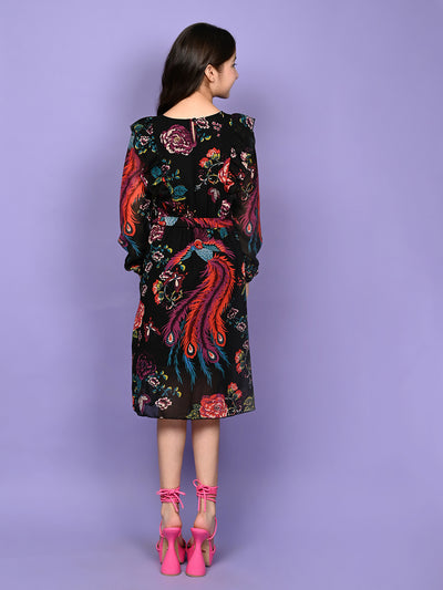 Floral Printed Long Sleeve Fit n Flare Dress