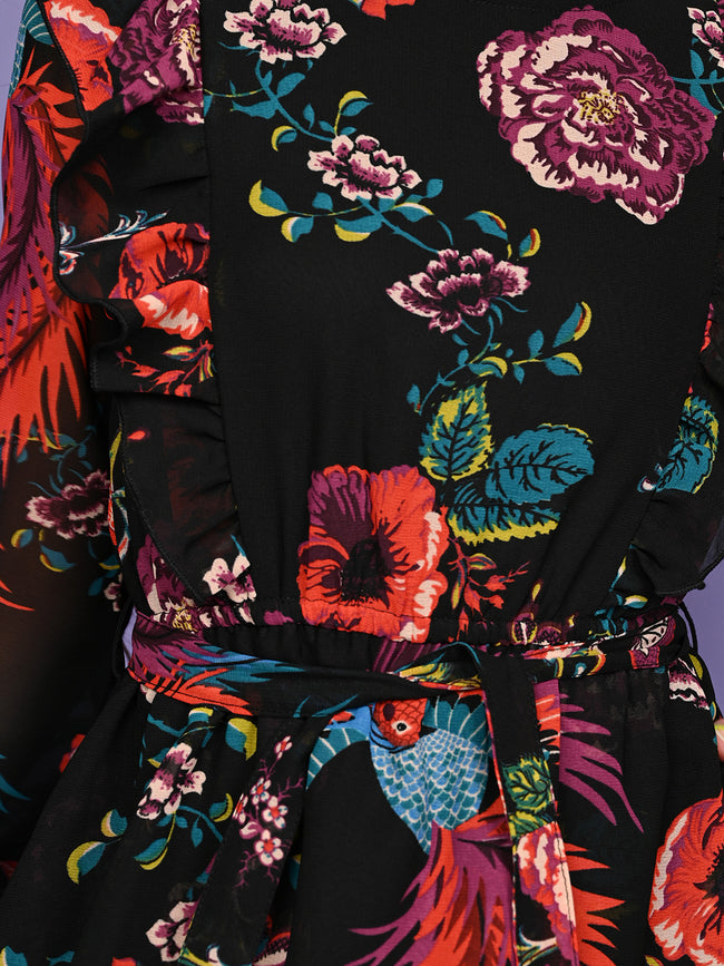 Floral Printed Long Sleeve Fit n Flare Dress