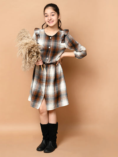 Checkered Print Button Down Long Sleeve Fit n Flare Dress