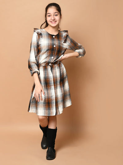 Checkered Print Button Down Long Sleeve Fit n Flare Dress